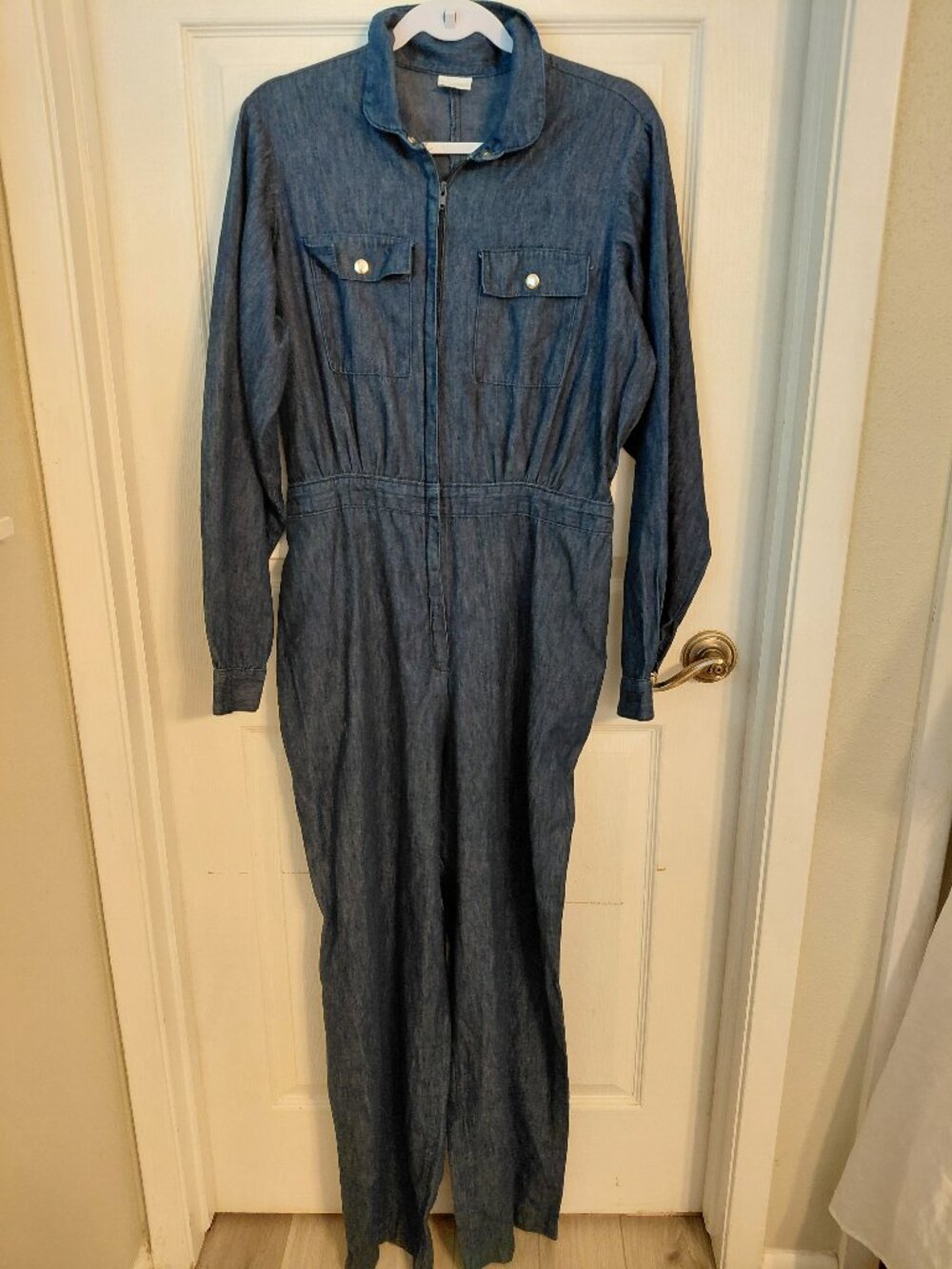 Vintage 80s Denim Jumpsuit Size 18 Wide Leg Long Sleeve Blue Retro Zip Up USA